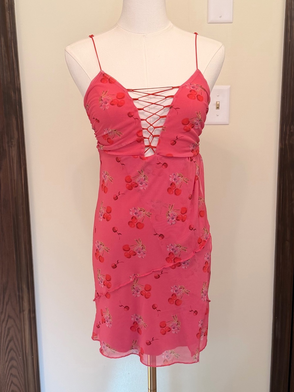 Urban Outfitters Pink Floral Lace-Up Slip Dress with Spaghetti Straps